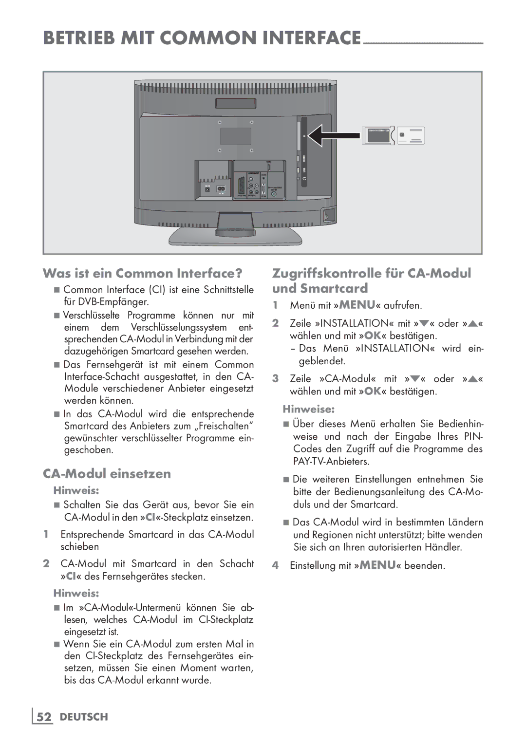 Grundig 22 VLE 2100 DVD Was ist ein Common Interface?, CA-Modul einsetzen, Zugriffskontrolle für CA-Modul und Smartcard 