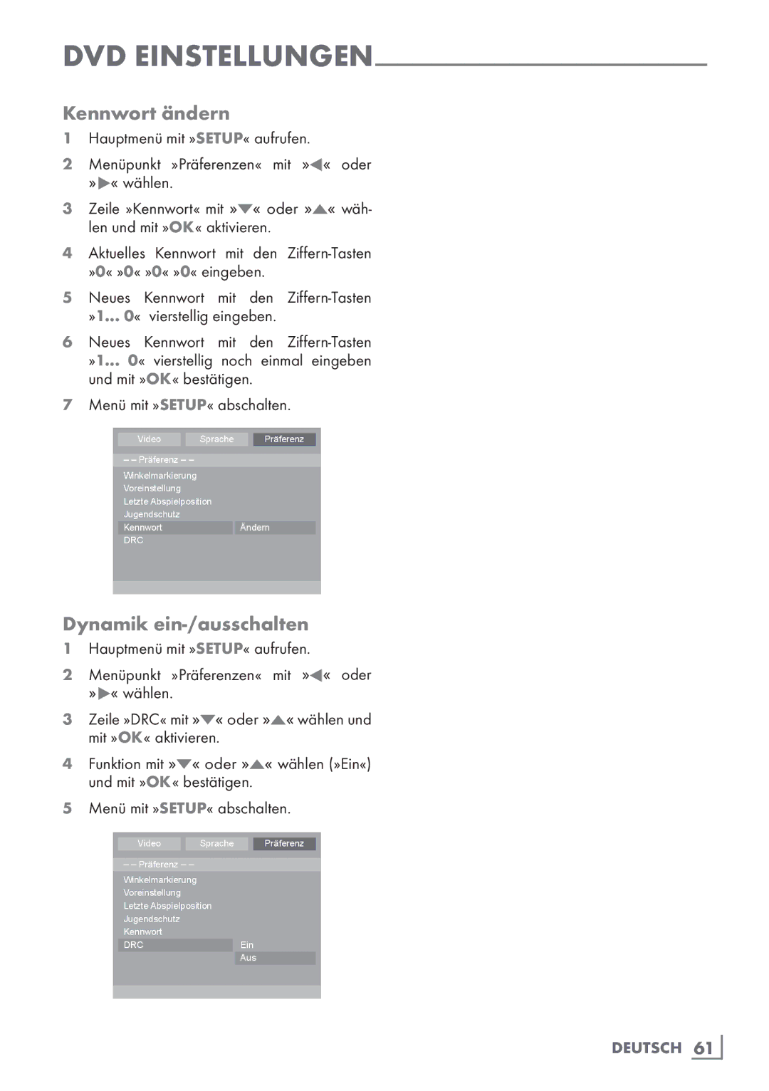 Grundig 22 VLE 2100 DVD manual Kennwort ändern, Dynamik ein-/ausschalten 