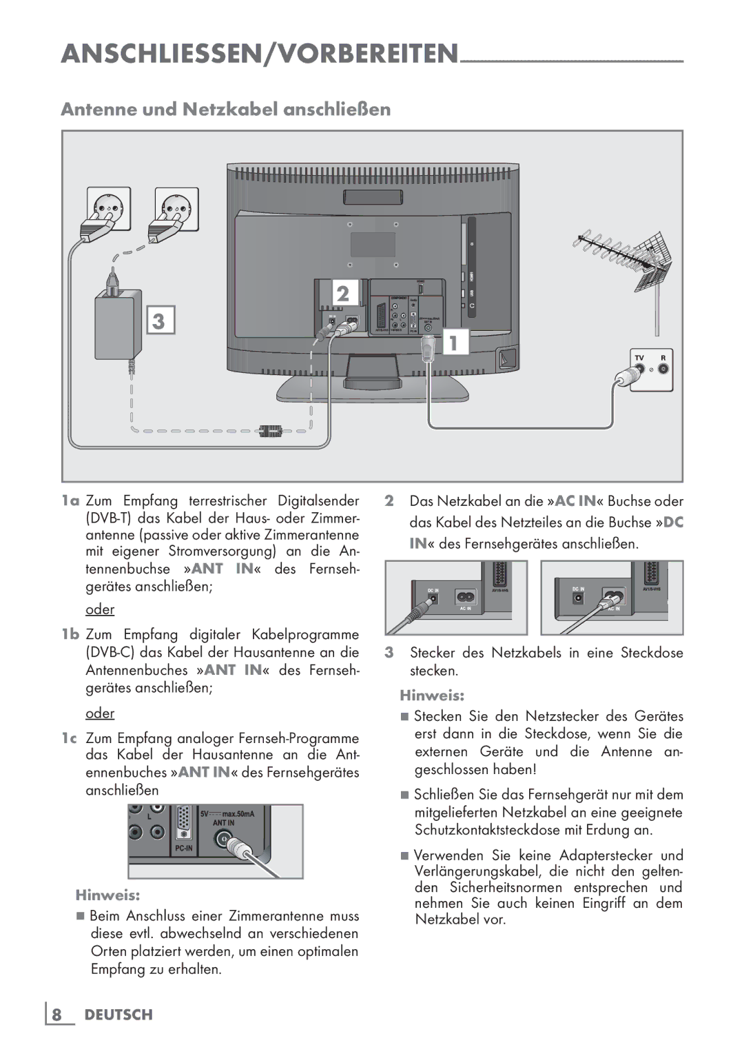 Grundig 22 VLE 2100 DVD manual Antenne und Netzkabel anschließen, AnschlieSSen/Vorbereiten, Hinweis, Stecken 