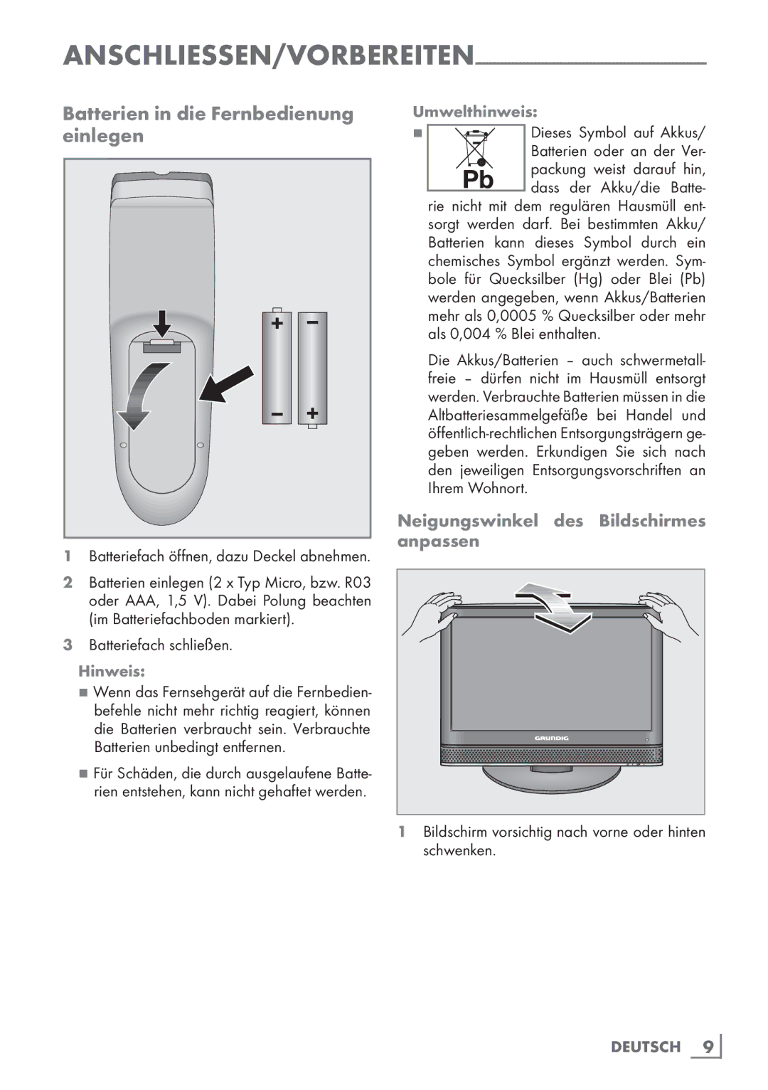 Grundig 22 VLE 2100 DVD Batterien in die Fernbedienung einlegen, Neigungswinkel des Bildschirmes anpassen, Umwelthinweis 