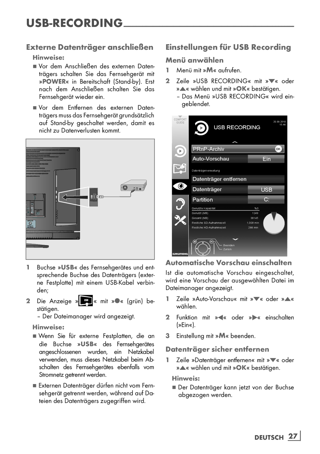 Grundig 22 VLE 8120 BG manual Externe Datenträger anschließen, Einstellungen für USB Recording, Menü anwählen 