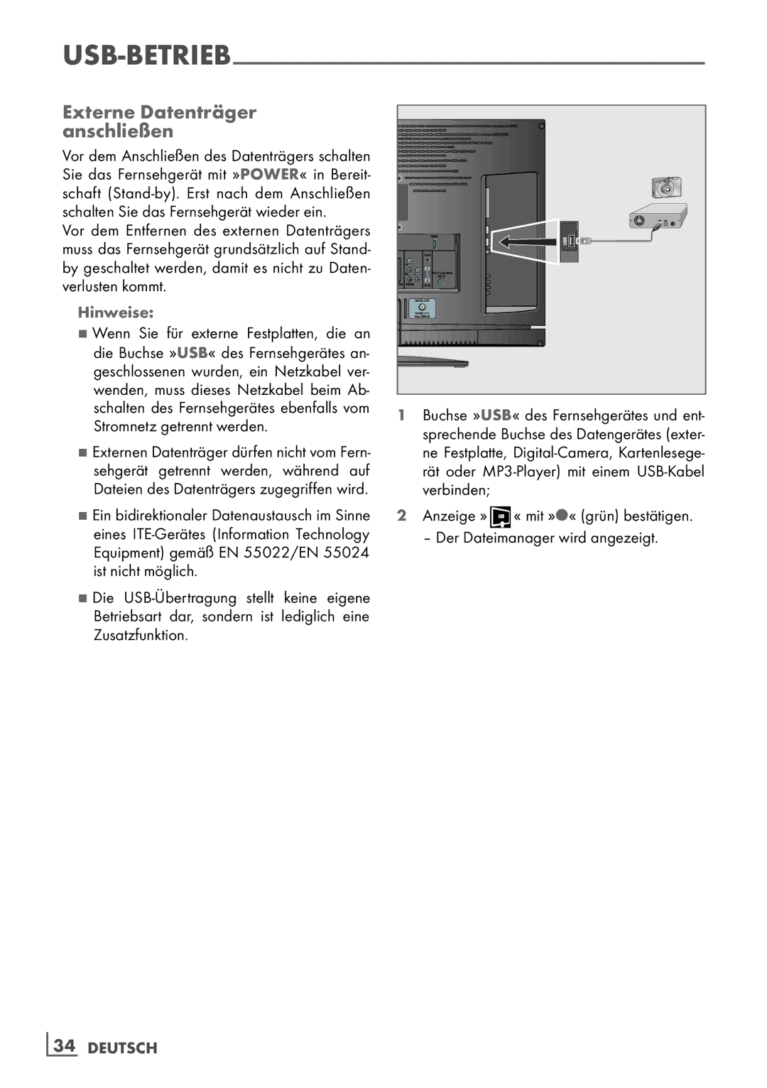 Grundig 22 VLE 8120 BG manual Externe Datenträger ­ anschließen, Hinweise 