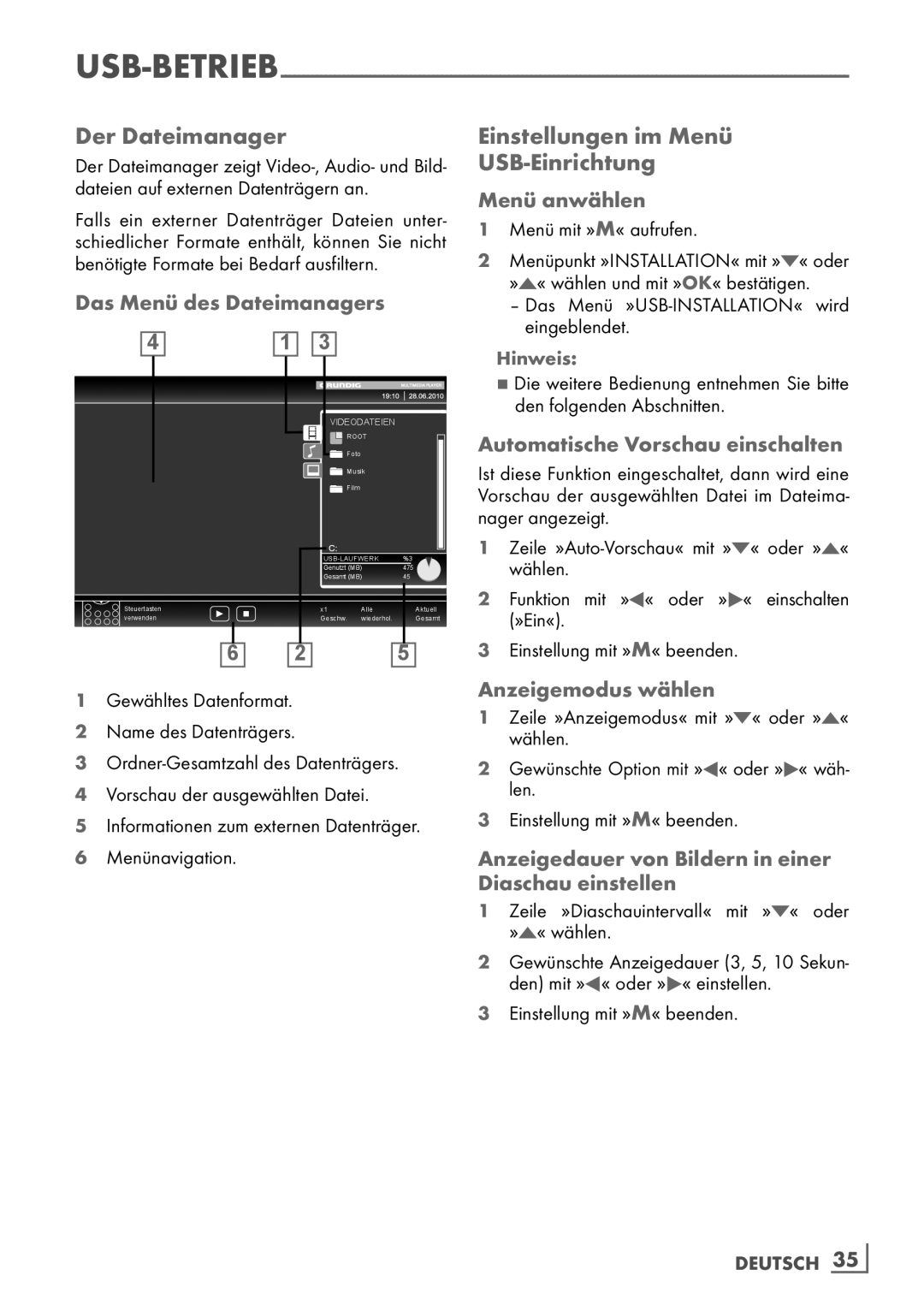 Grundig 22 VLE 8120 BG manual Der Dateimanager, Einstellungen im Menü ­ USB-Einrichtung, Das Menü des Dateimanagers 