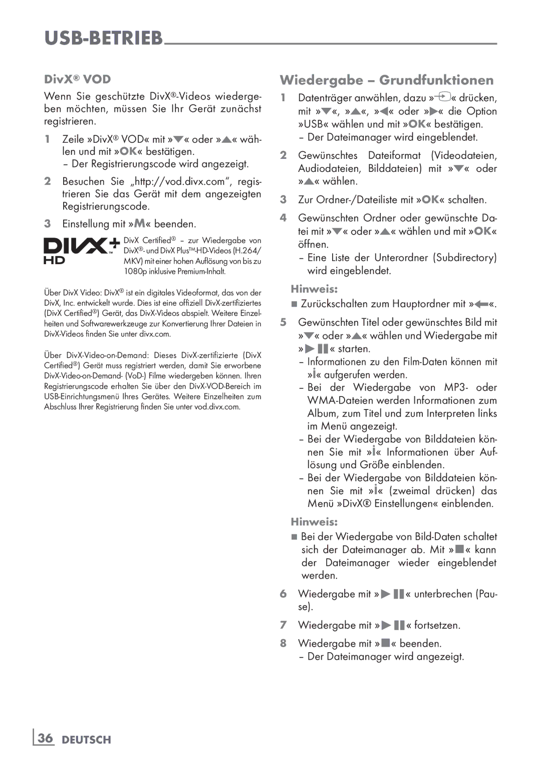 Grundig 22 VLE 8120 BG manual Wiedergabe Grundfunktionen, DivX VOD, Der Dateimanager wird eingeblendet 