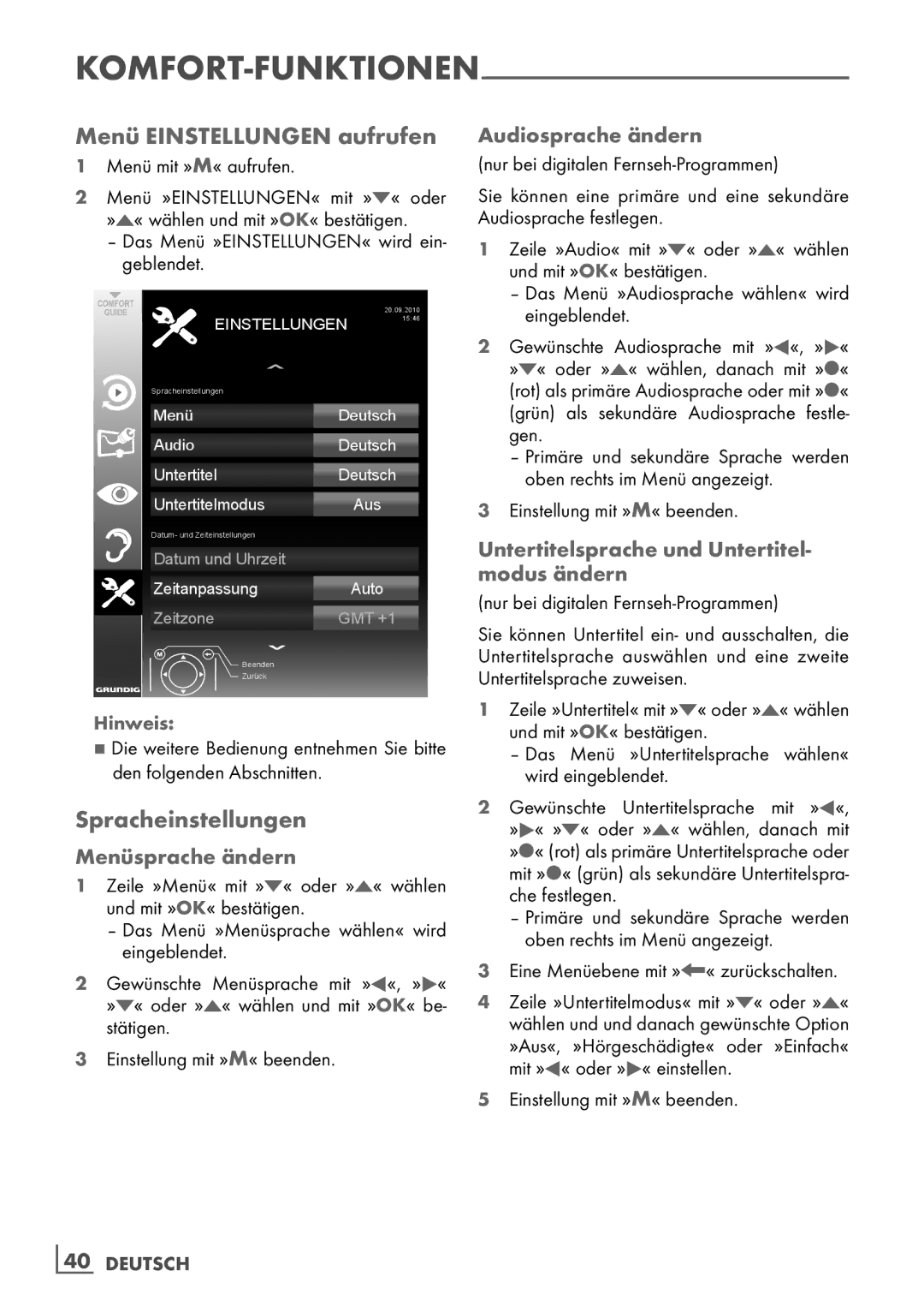 Grundig 22 VLE 8120 BG manual Menü Einstellungen aufrufen, Spracheinstellungen 