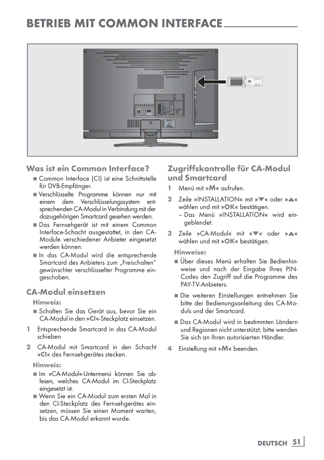 Grundig 22 VLE 8120 BG Was ist ein Common Interface?, CA-Modul einsetzen, Zugriffskontrolle für CA-Modul und Smartcard 