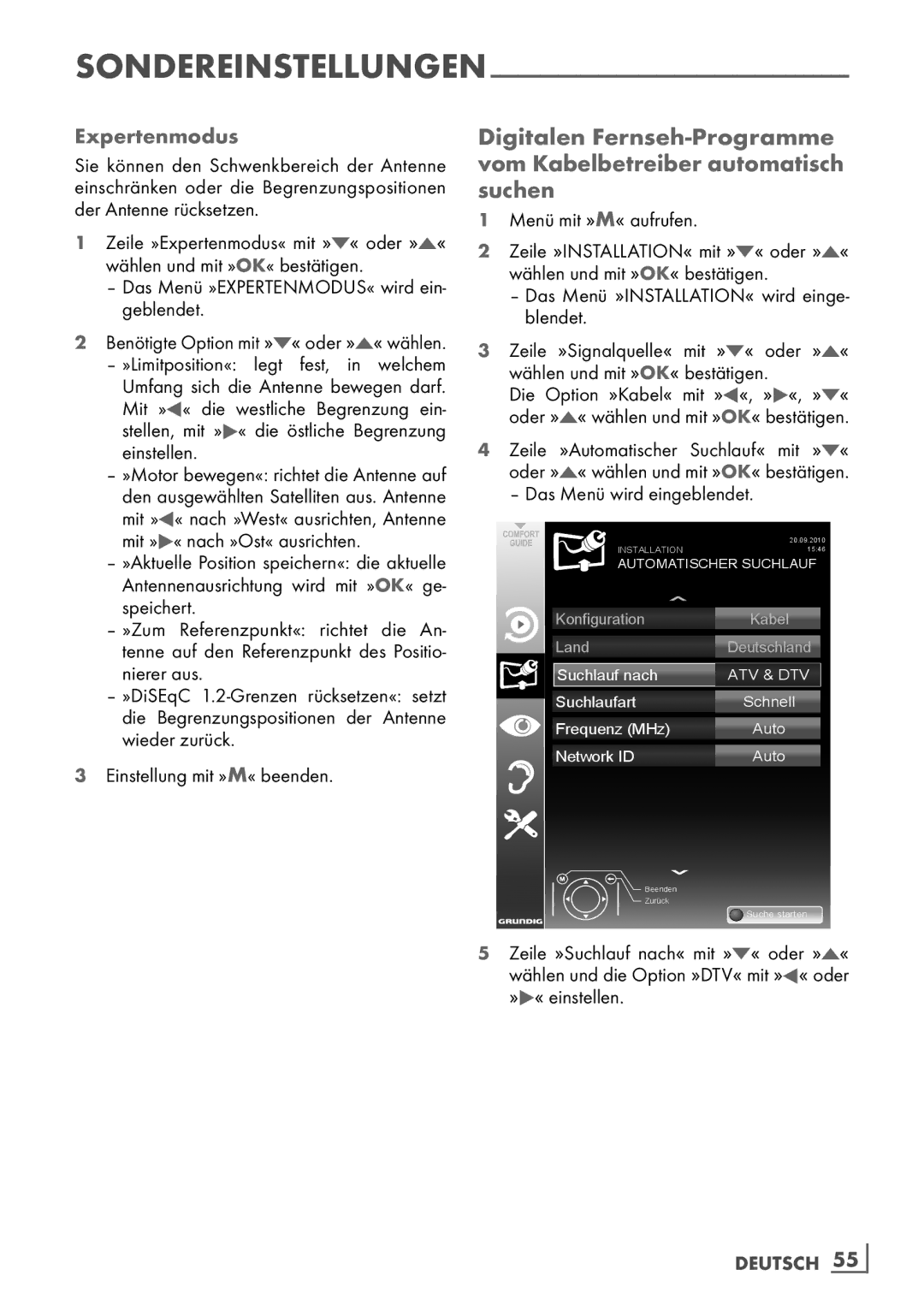 Grundig 22 VLE 8120 BG manual Sondereinstellungen Expertenmodus, Das Menü »EXPERTENMODUS« wird ein- geblendet 