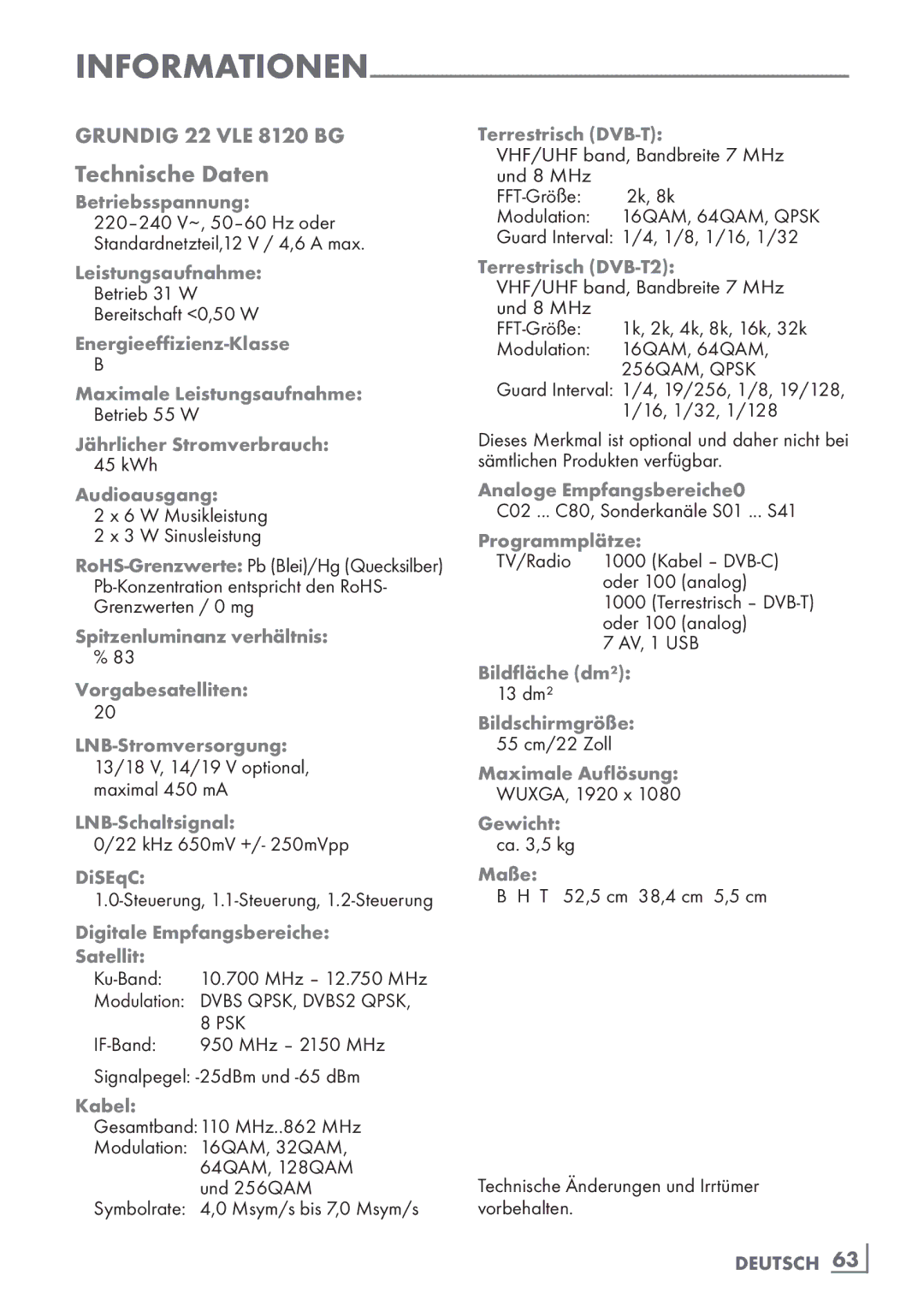 Grundig 22 VLE 8120 BG manual Technische Daten 