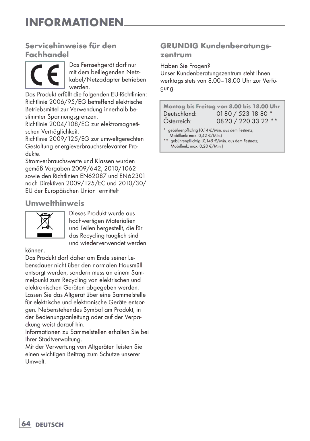 Grundig 22 VLE 8120 BG manual Servicehinweise für den Fachhandel­, Grundig Kundenberatungs-­ zentrum, Umwelthinweis, Können 