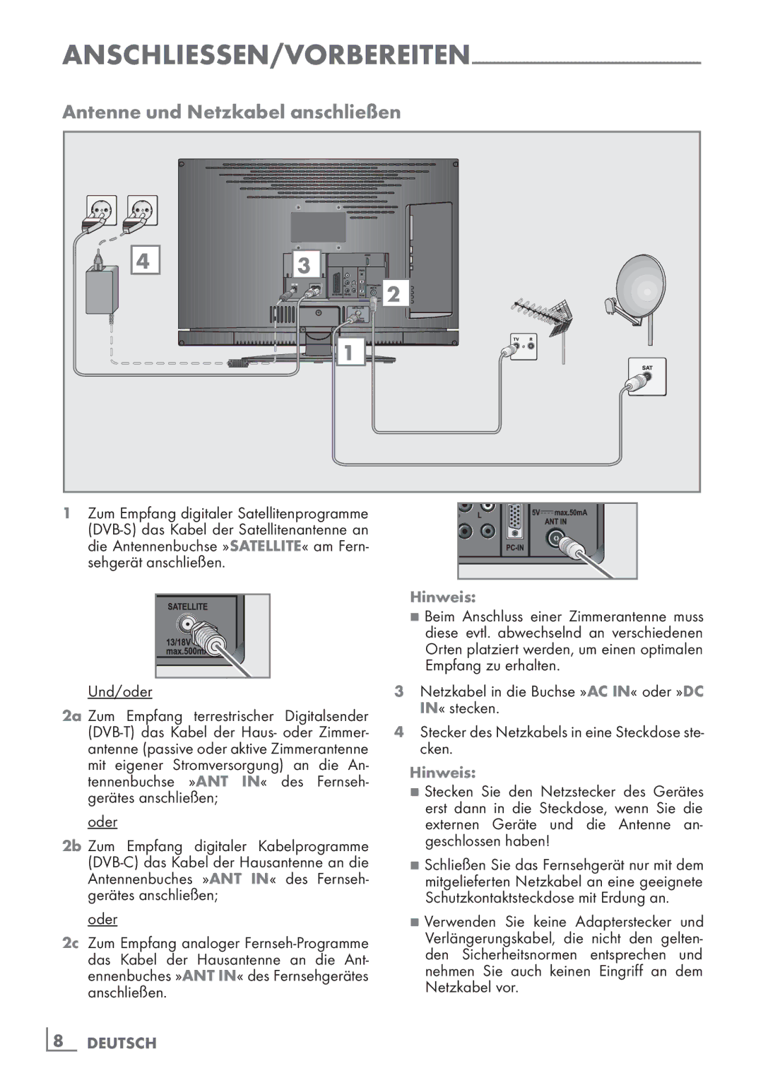 Grundig 22 VLE 8120 BG manual Antenne und Netzkabel anschließen, AnschlieSSen/Vorbereiten, Hinweis 