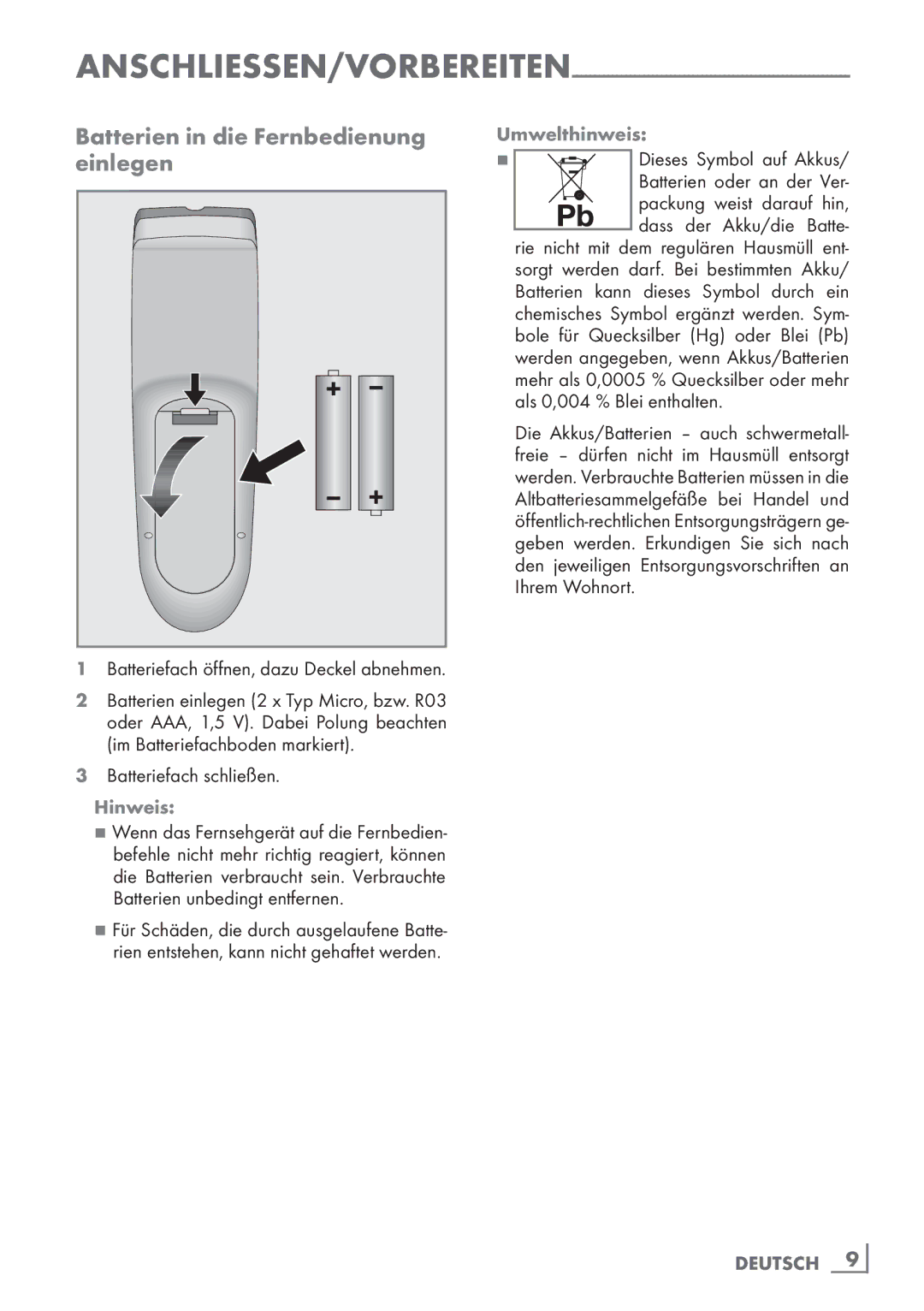 Grundig 22 VLE 8120 BG manual Batterien in die Fernbedienung einlegen, Batteriefach schließen. Hinweis, Umwelthinweis 