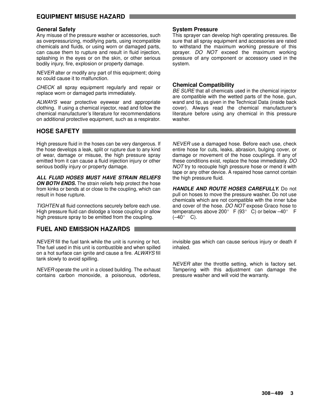 Grundig 2245 Equipment Misuse Hazard, Hose Safety, Fuel and Emission Hazards, System Pressure, Chemical Compatibility 