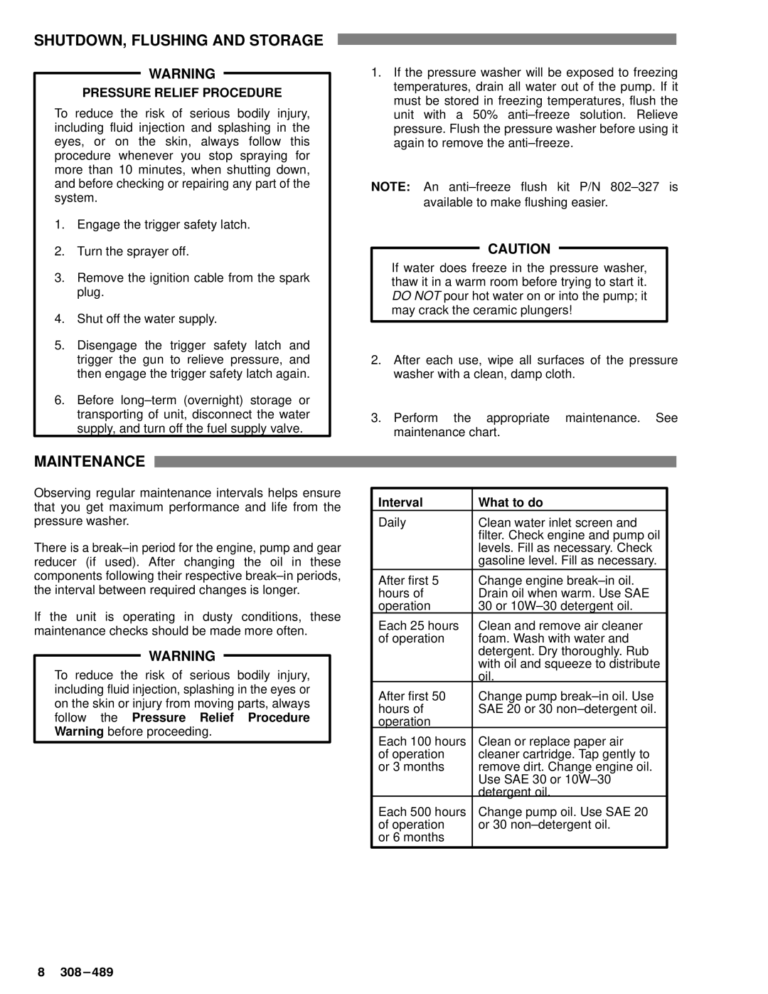 Grundig 2245 manual SHUTDOWN, Flushing and Storage, Maintenance, Pressure Relief Procedure 