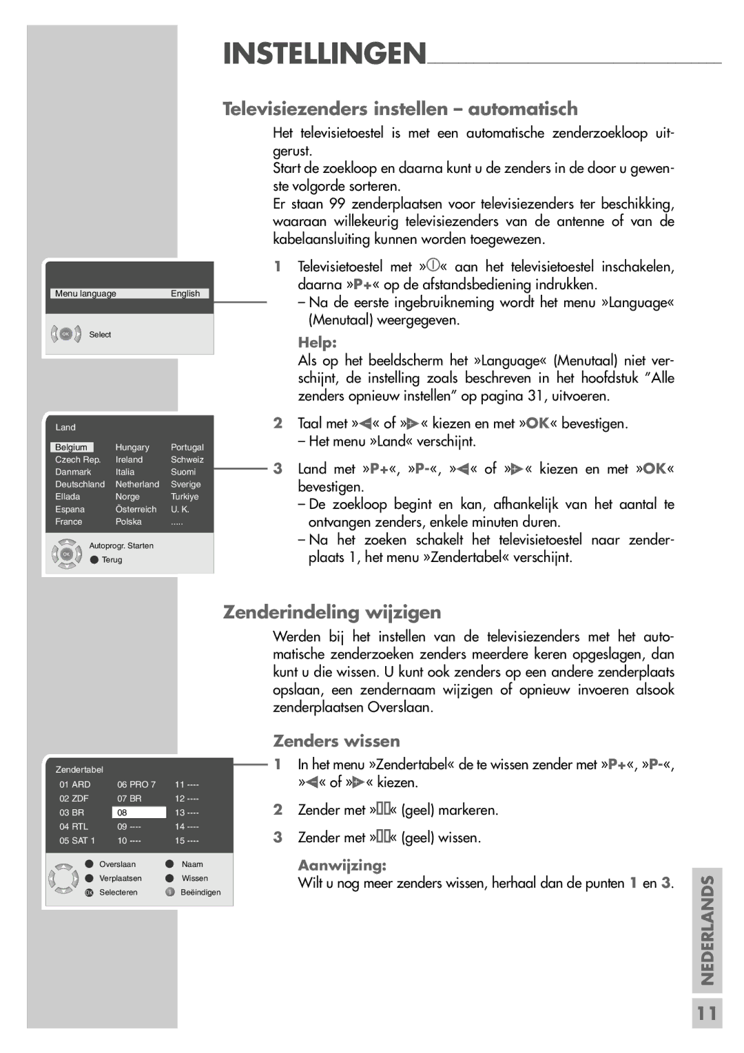 Grundig 26 LXW 68-8600 DL manual Televisiezenders instellen automatisch, Zenderindeling wijzigen, Zenders wissen, Help 