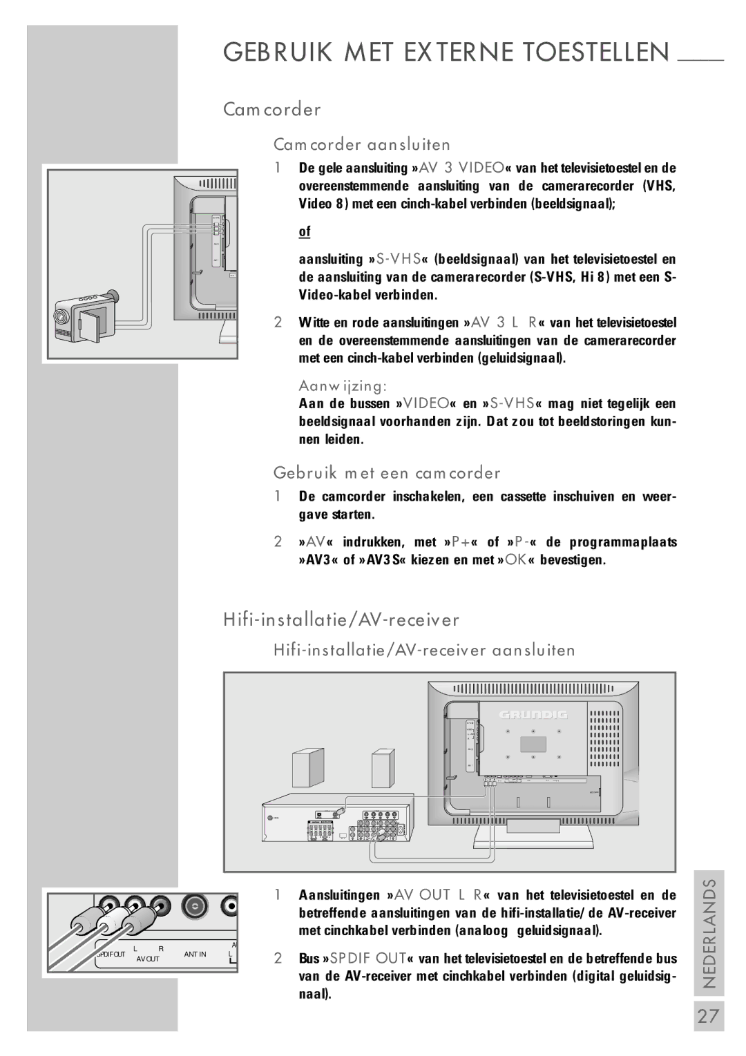 Grundig 26 LXW 68-8600 DL manual Hifi-installatie/AV-receiver, Camcorder aansluiten, Gebruik met een camcorder 