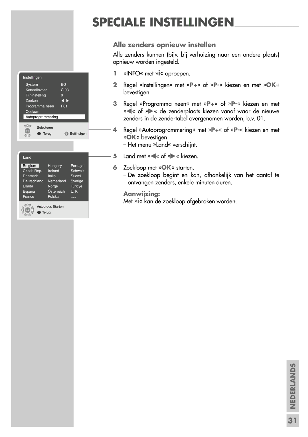 Grundig 26 LXW 68-8600 DL manual Alle zenders opnieuw instellen 