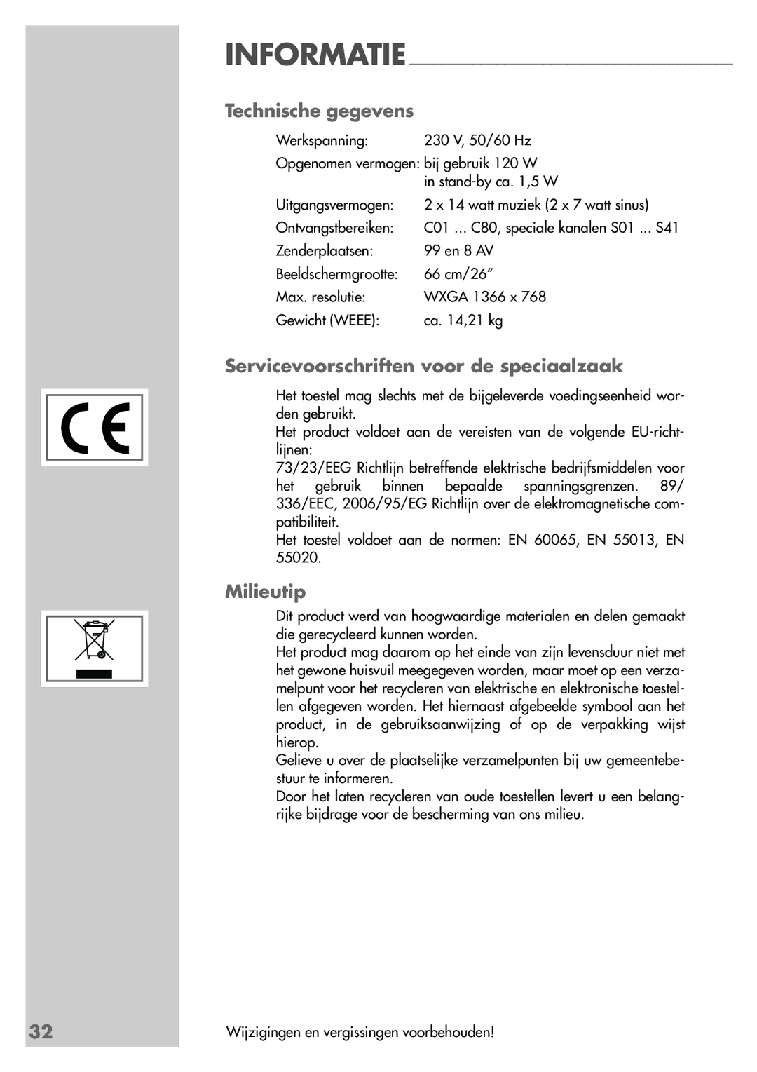 Grundig 26 LXW 68-8600 DL manual Technische gegevens, Servicevoorschriften voor de speciaalzaak, Milieutip 