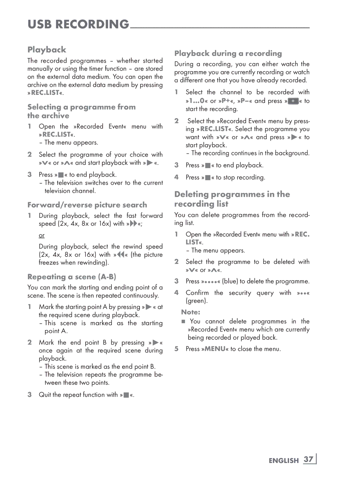 Grundig 26 VLE 7100 BF manual Playback, Deleting programmes in the recording list 