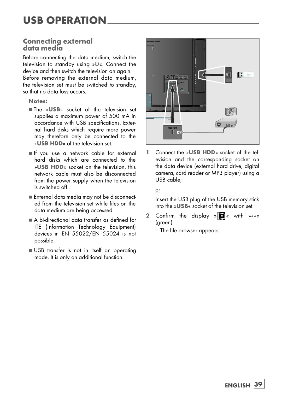 Grundig 26 VLE 7100 BF manual Connecting external ­ data media, »USB« socket of the television set 