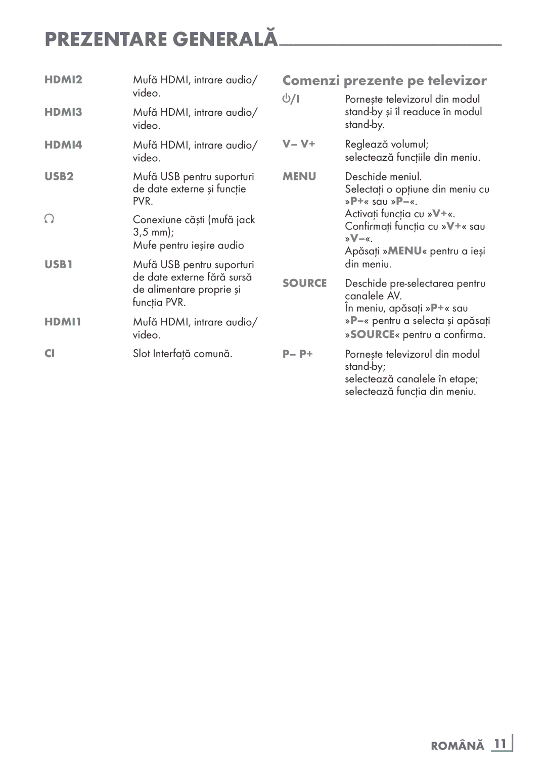 Grundig 26 VLE 7101 BF manual Comenzi prezente pe televizor, Funcţia PVR, Video, ­Slot Interfaţă comună, Română ­11 