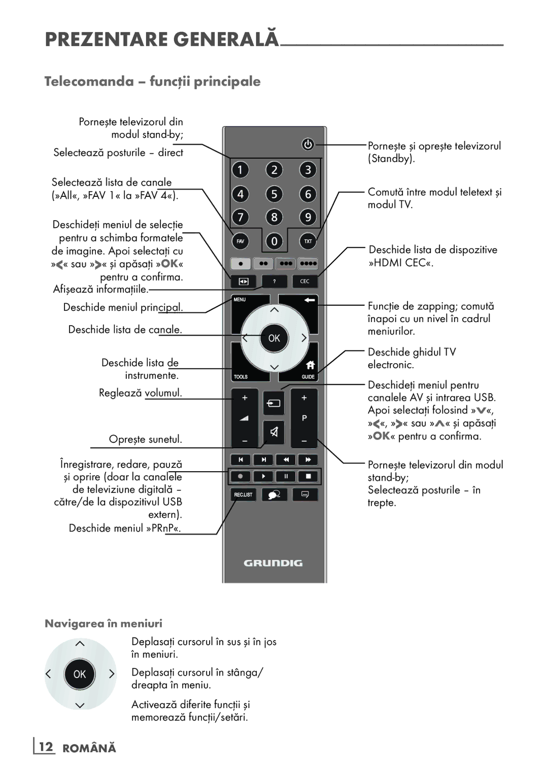 Grundig 26 VLE 7101 BF manual Telecomanda funcţii principale, Navigarea în meniuri, ­12 Română 