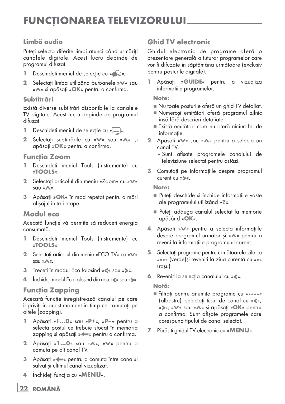 Grundig 26 VLE 7101 BF manual Funcţia Zoom, Modul eco, Funcţia Zapping, Ghid TV electronic 