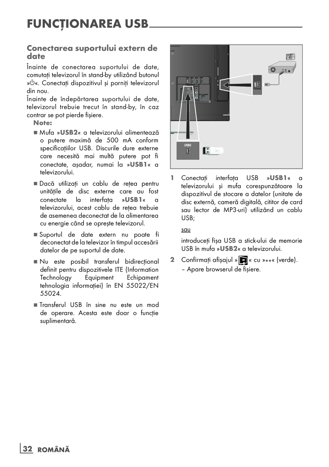 Grundig 26 VLE 7101 BF manual Conectarea suportului extern de date, ­32 Română 