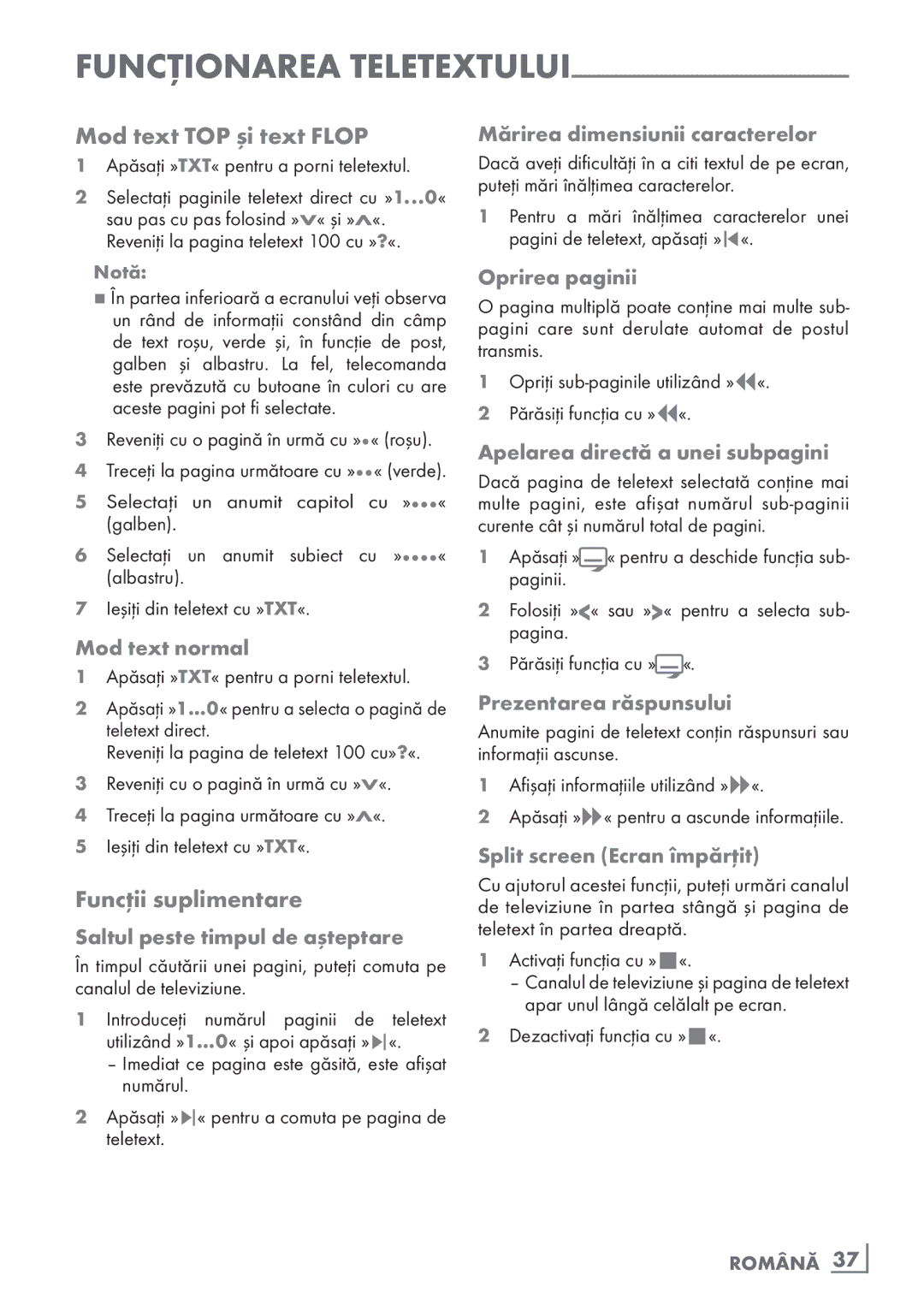 Grundig 26 VLE 7101 BF manual Mod text TOP şi text Flop, Funcţii suplimentare 