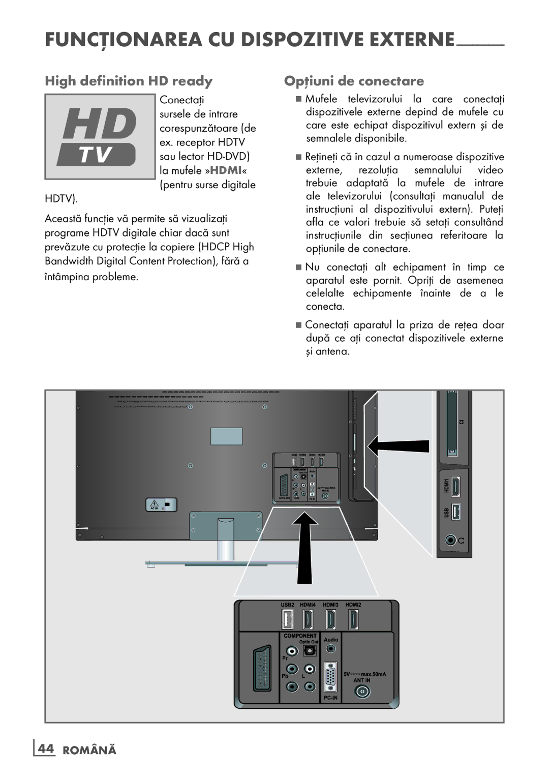 Grundig 26 VLE 7101 BF manual High definition HD ready, Opţiuni de conectare, Română 