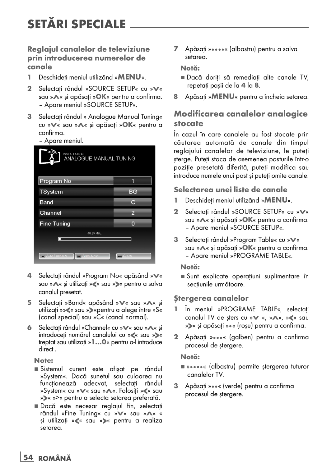 Grundig 26 VLE 7101 BF manual Modificarea canalelor analogice stocate, Selectarea unei liste de canale, ­54 Română 