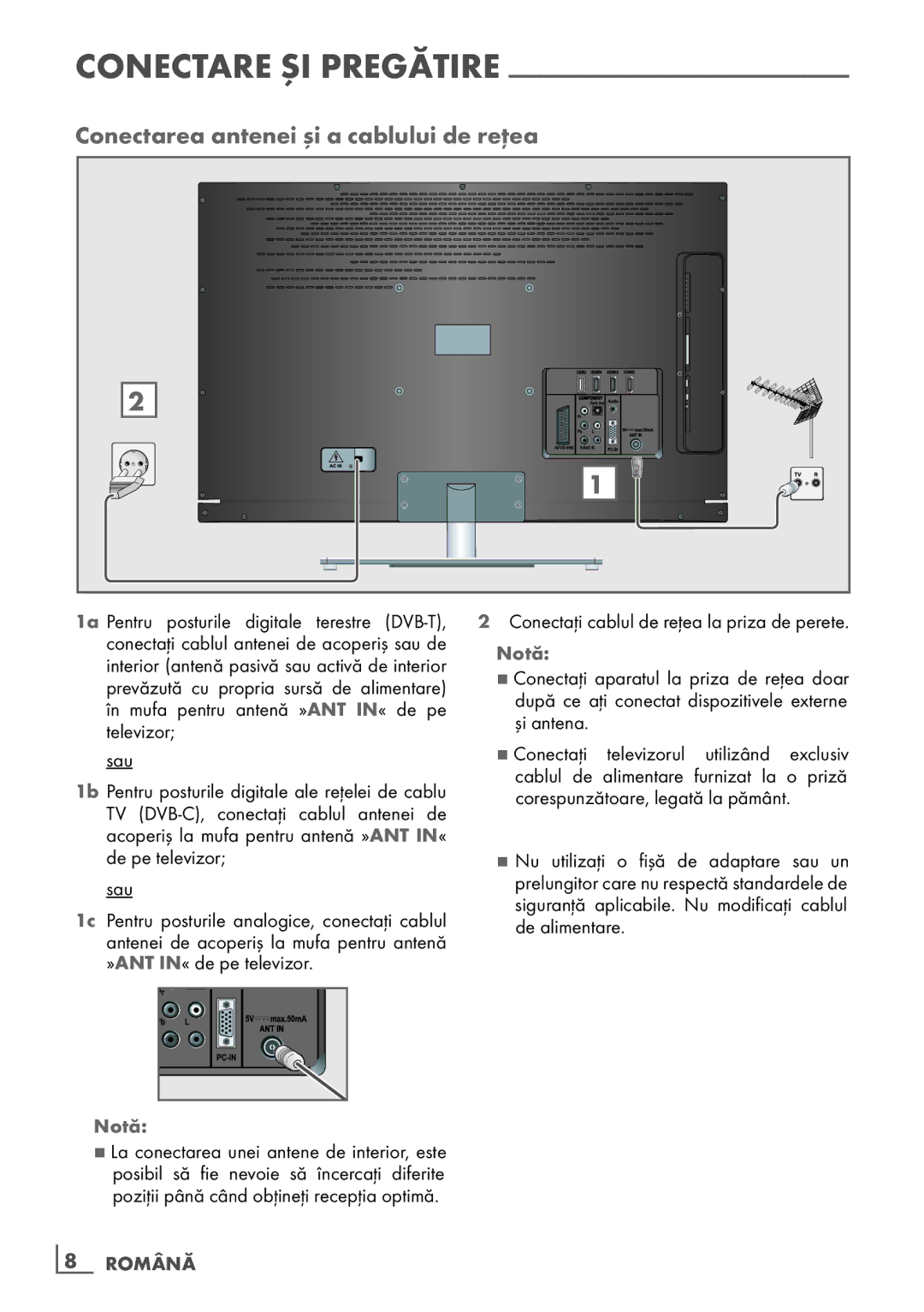 Grundig 26 VLE 7101 BF manual Conectarea antenei şi a cablului de reţea, Notă, Conectaţi cablul de reţea la priza de perete 