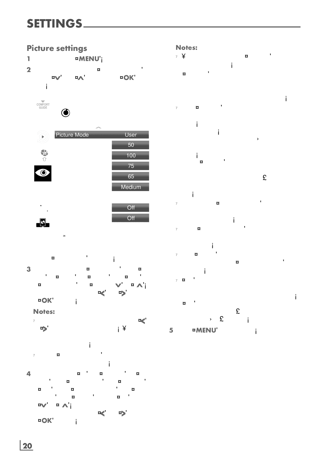 Grundig 26 VLE 8100 BG Picture settings, Setting­ on the right side, As from DVB-T receivers or DVD players­, ­20 English 