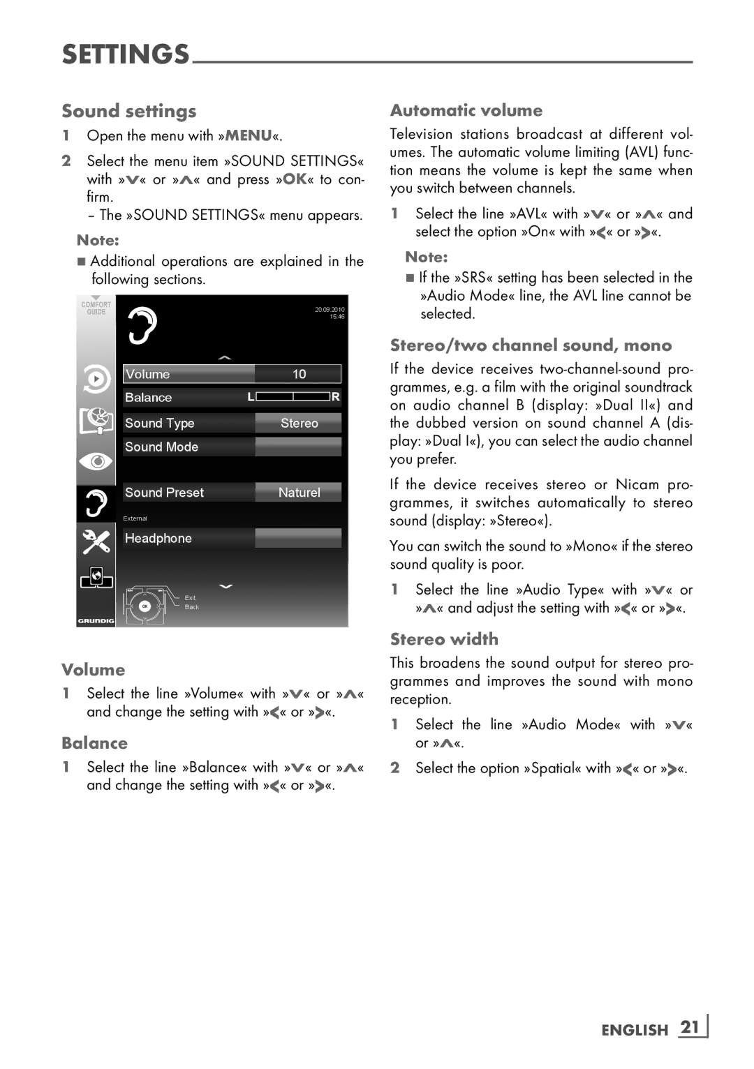 Grundig 26 VLE 8100 BG manual Sound settings 