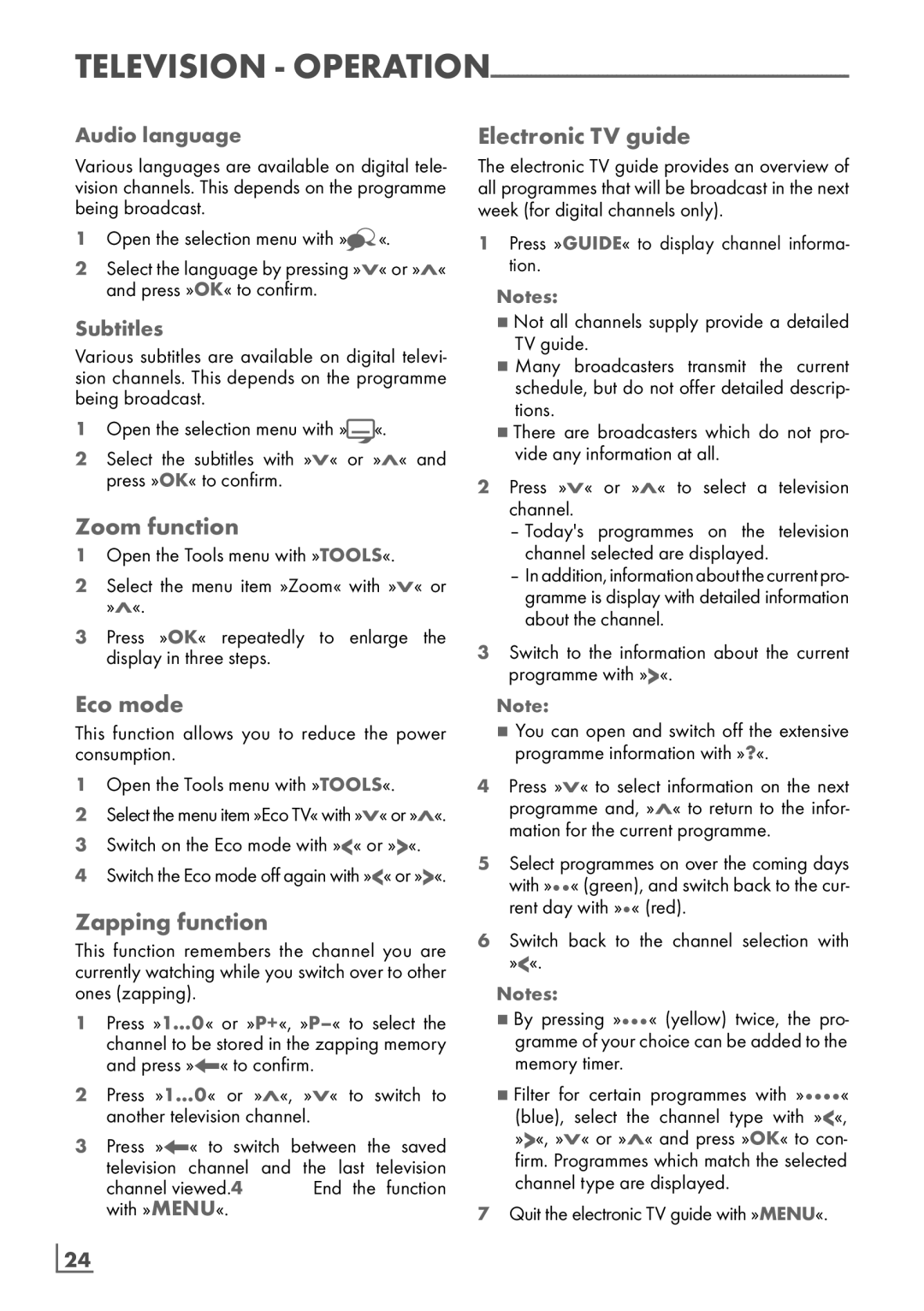 Grundig 26 VLE 8100 BG manual Zoom function, Eco mode, Zapping function, Electronic TV guide 