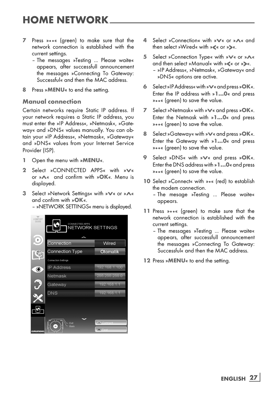 Grundig 26 VLE 8100 BG manual Manual connection, English ­27 