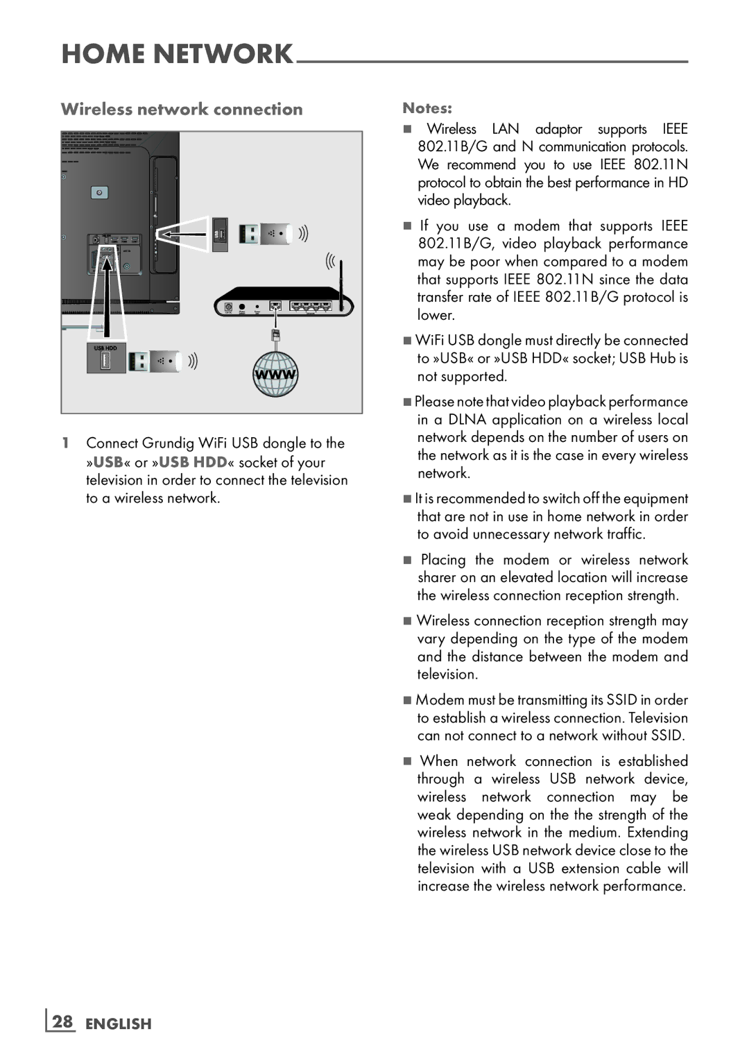 Grundig 26 VLE 8100 BG manual Wireless network connection, ­28 English 