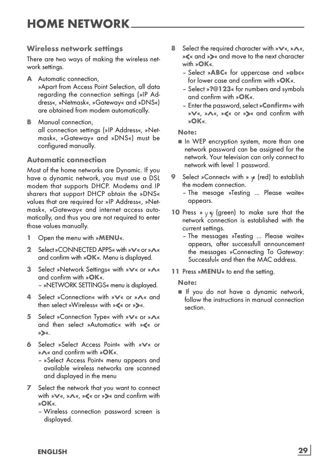 Grundig 26 VLE 8100 BG manual Wireless network settings, Manual connection, English ­29 