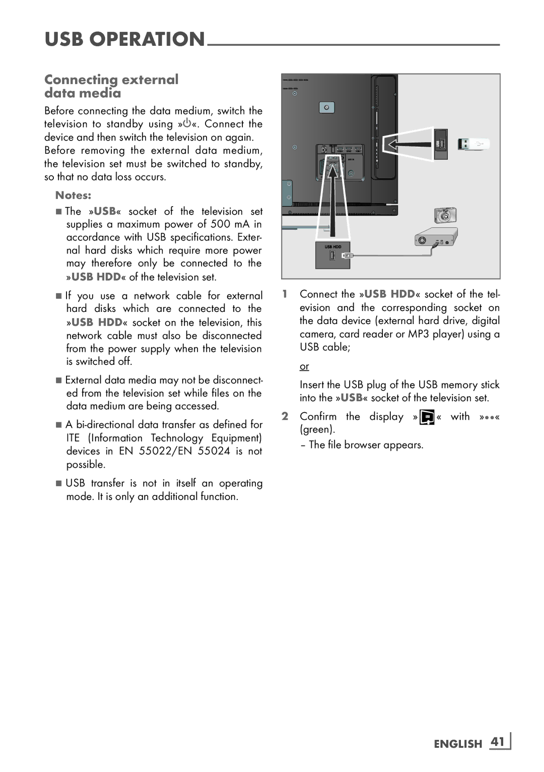 Grundig 26 VLE 8100 BG manual Connecting external ­ data media, »USB« socket of the television set, English ­41 