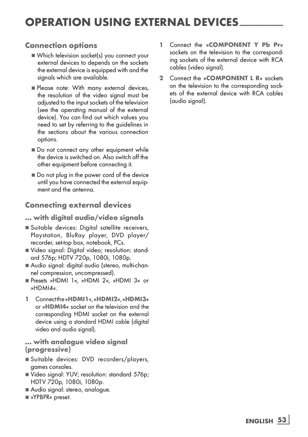 Grundig 26 VLE 8100 BG Connection options, Connecting external devices, With digital audio/video signals, English ­53 