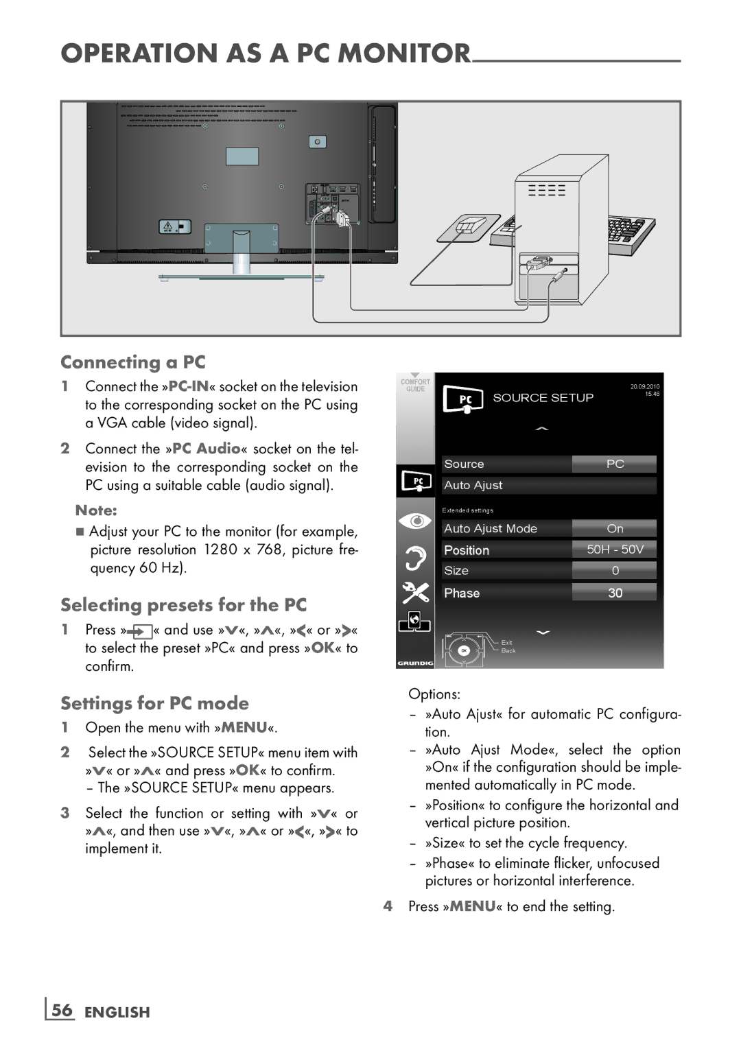 Grundig 26 VLE 8100 BG manual Connecting a PC, Selecting presets for the PC, Settings for PC mode, ­56 English 