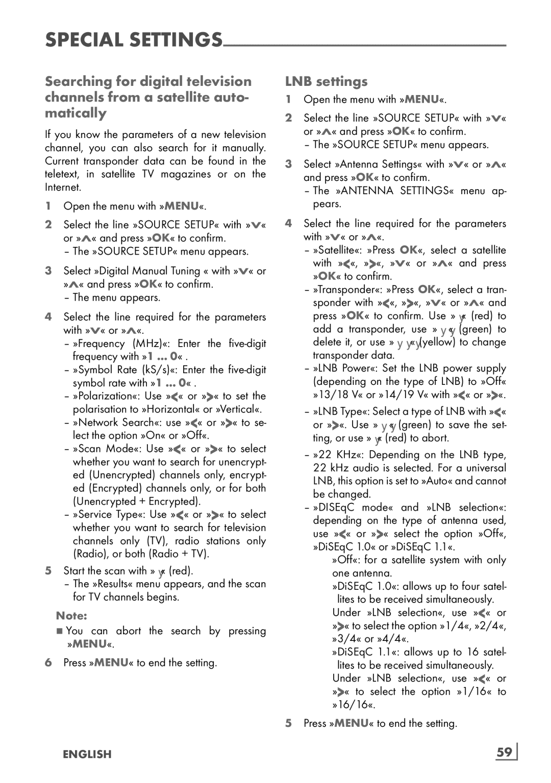 Grundig 26 VLE 8100 BG manual LNB settings, Be changed, Press »MENU« to end the setting. English 59­ 