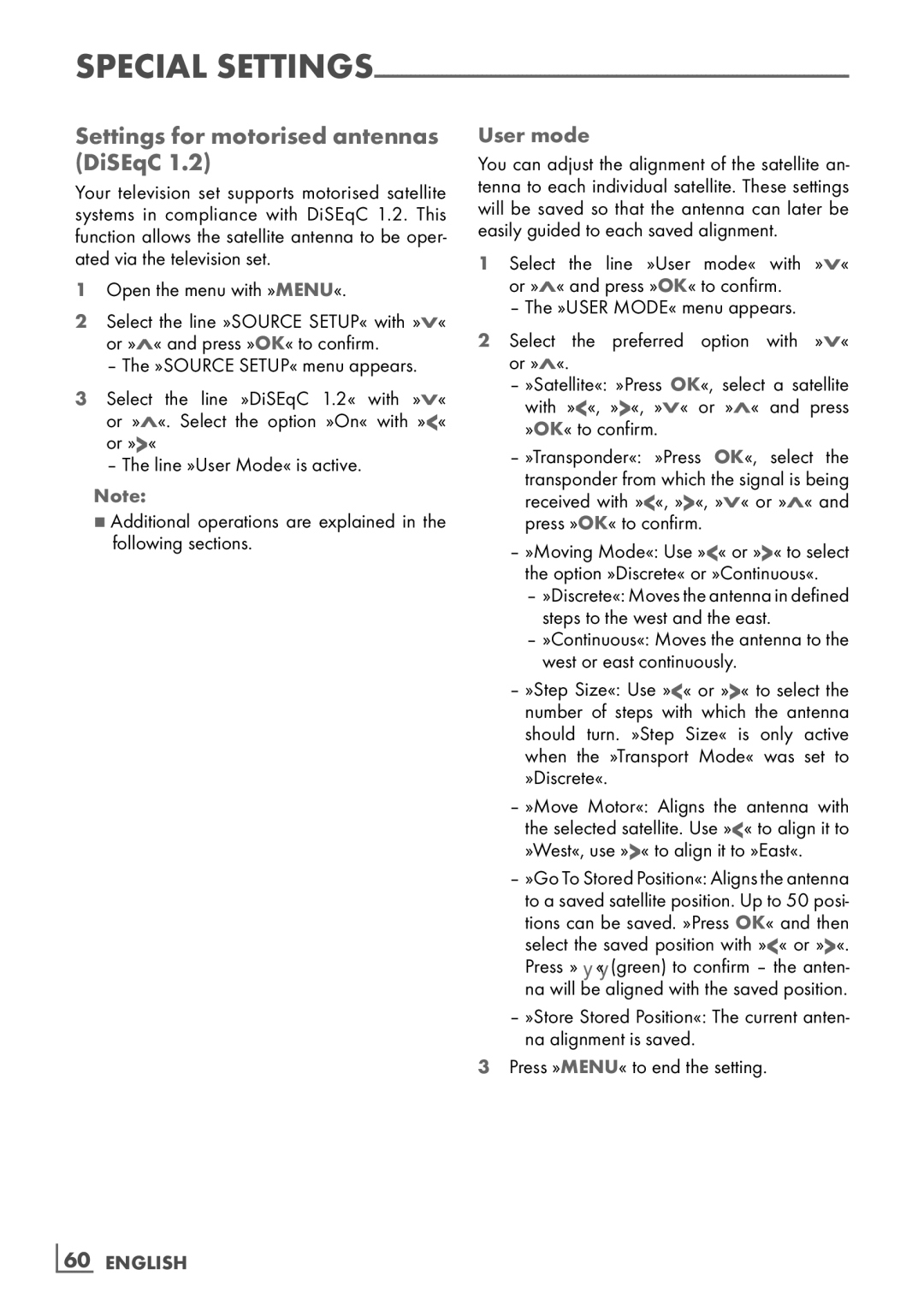 Grundig 26 VLE 8100 BG manual Settings for motorised antennas DiSEqC, User mode, ­60 English 