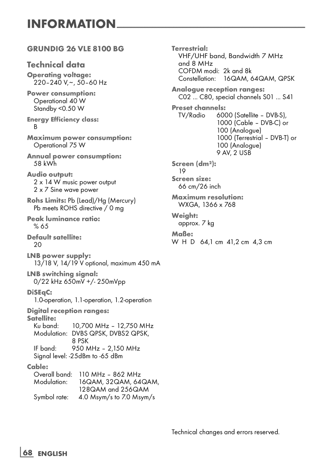 Grundig 26 VLE 8100 BG manual Technical data, ­68 English 