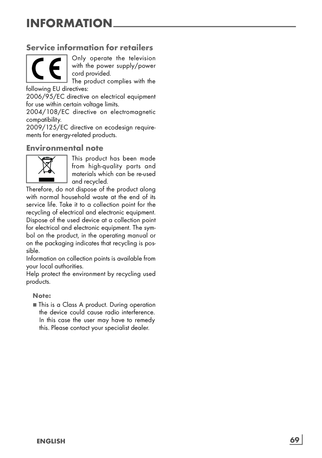 Grundig 26 VLE 8100 BG manual Service information for retailers, Environmental note, Recycled, English 69­ 