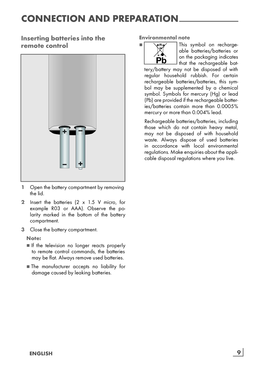 Grundig 26 VLE 8100 BG manual Inserting batteries into the ­remote control, Environmental note, English ­9 