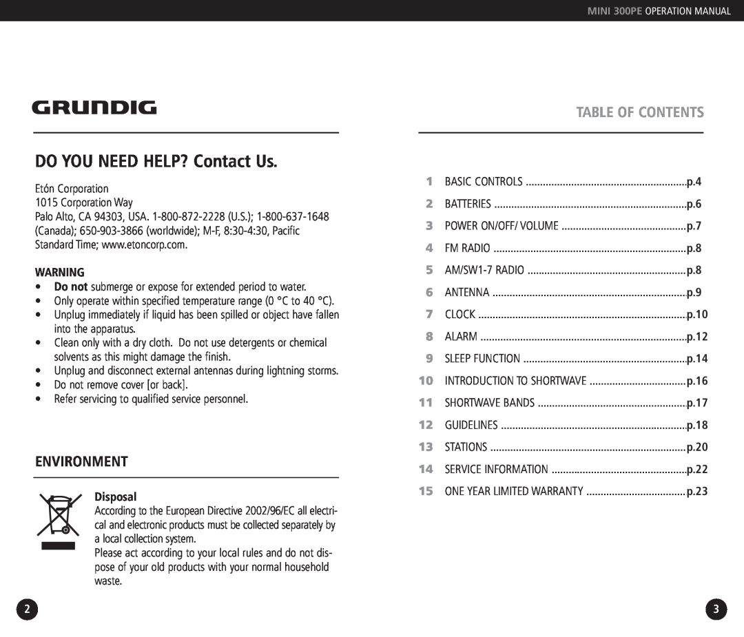 Grundig 300PE Table Of Contents, Disposal, p.10, p.12, p.14, p.16, p.17, p.18, p.20, DO YOU NEED HELP? Contact Us 