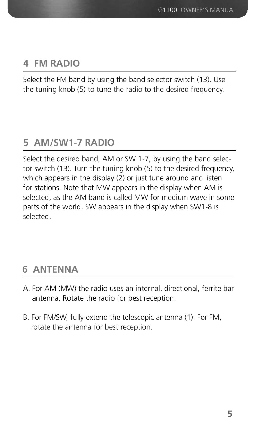 Grundig 300PEAM owner manual FM Radio, AM/SW1-7 Radio, Antenna 