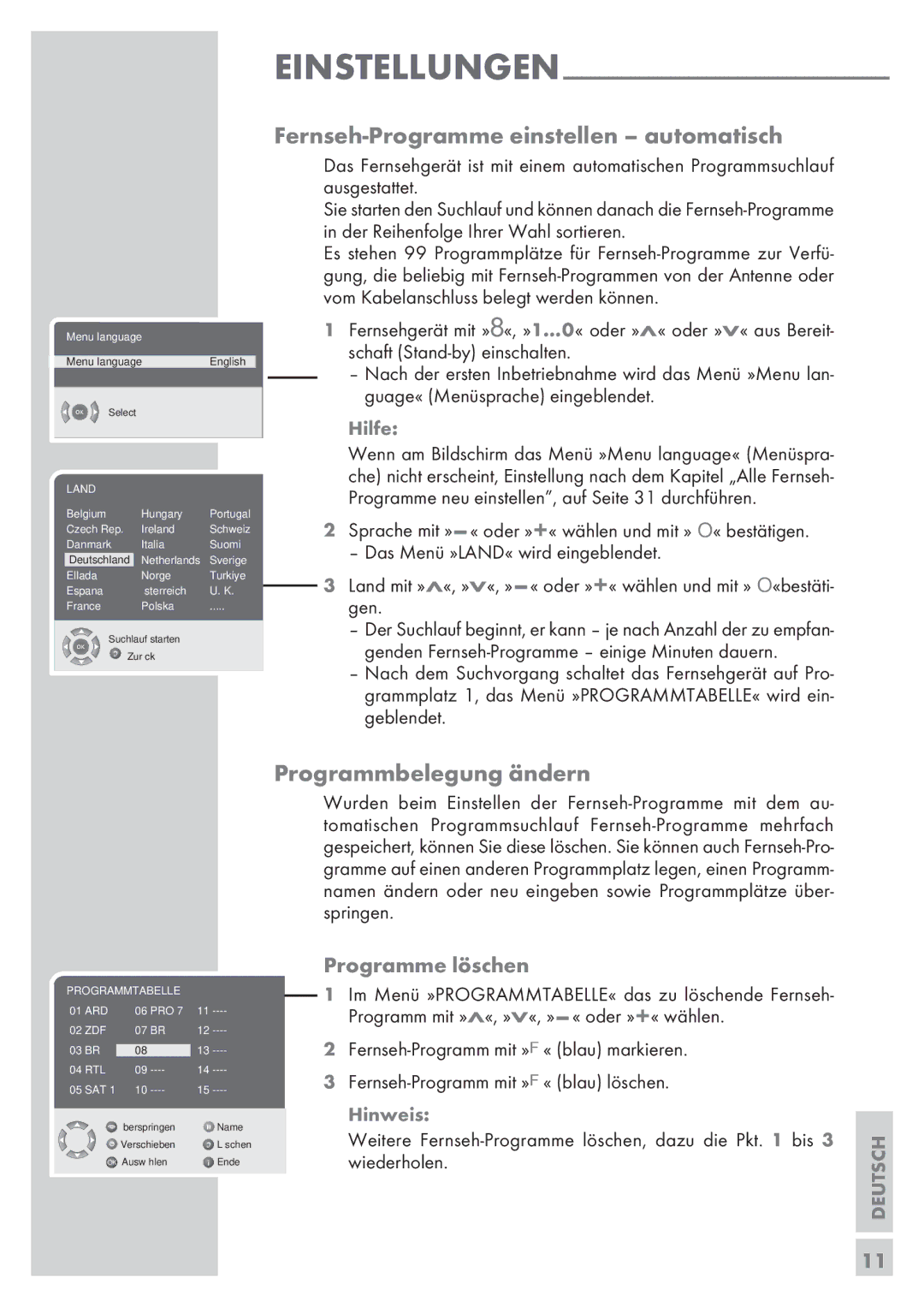 Grundig 32 GLX 6951 manual Fernseh-Programme einstellen automatisch, Programmbelegung ändern, Programme löschen, 11­ 