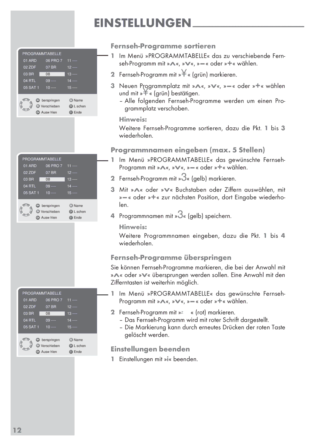 Grundig 32 GLX 6951 Einstellungen Fernseh-Programme sortieren, Programmnamen eingeben max Stellen, Einstellungen beenden 