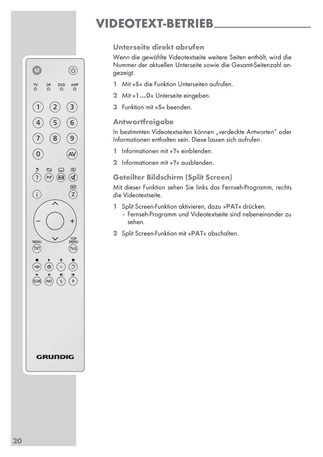 Grundig 32 GLX 6951 Videotext-Betrieb Unterseite direkt abrufen, Antwortfreigabe, Geteilter Bildschirm Split Screen, 20­ 